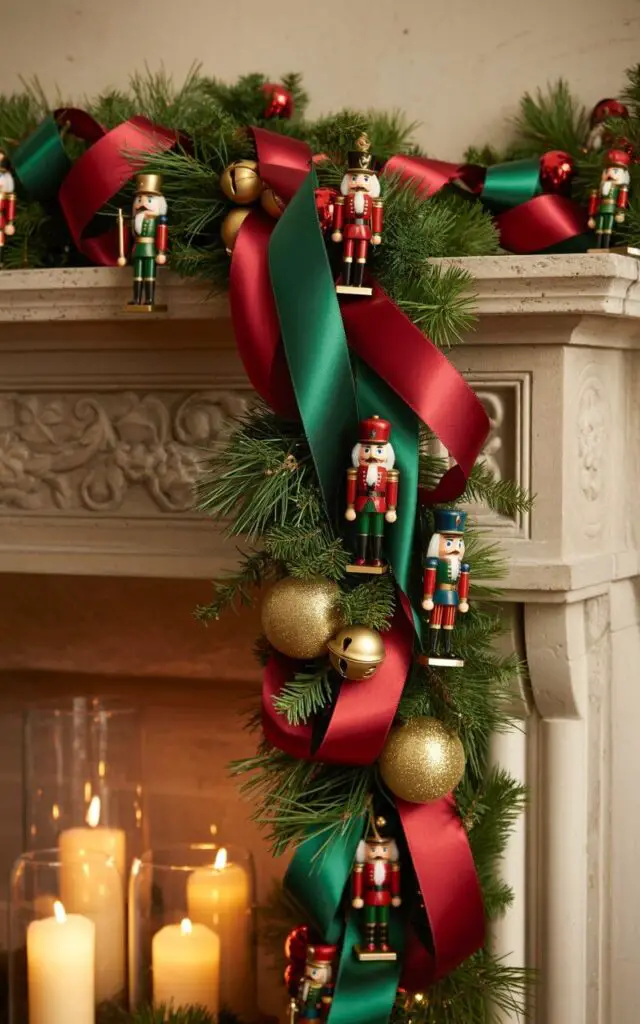 A photograph of an elegant Christmas garland draped gracefully across a stone fireplace mantel, featuring miniature Nutcracker figurines connected by luxurious satin ribbons in deep crimson and forest green. The charming wooden soldiers are interspersed with fresh pine sprigs, golden jingle bells, and delicate ornaments that catch the warm light. The rich holiday colors create a striking contrast against the neutral limestone mantel, while flickering pillar candles in glass hurricanes cast a gentle glow from below. The thoughtfully curated arrangement balances rustic pine textures with polished metallic accents, creating a sophisticated yet whimsical Christmas display that embodies both artisan craftsmanship and festive joy.