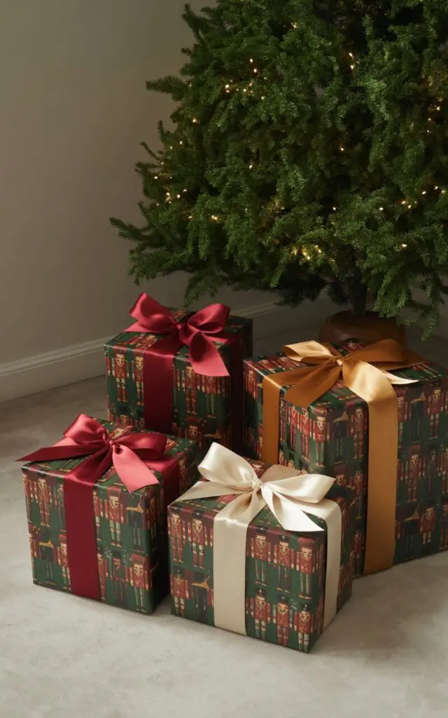 A carefully arranged collection of elegantly wrapped Christmas presents sits beneath a decorated evergreen tree, each gift box adorned with sophisticated Nutcracker-themed wrapping paper featuring intricate toy soldier patterns in rich burgundy and forest green. The packages are finished with luxurious satin ribbons in coordinating shades of crimson red, ivory white, and antique gold, tied in perfect bows with long flowing tails. The minimalist setting features polished hardwood floors and a softly lit Christmas tree with warm white LED lights that cast a gentle glow, creating an atmosphere of refined holiday elegance. The neutral backdrop allows the ornate wrapping paper designs and metallic ribbon accents to become the focal point of this sophisticated seasonal display.