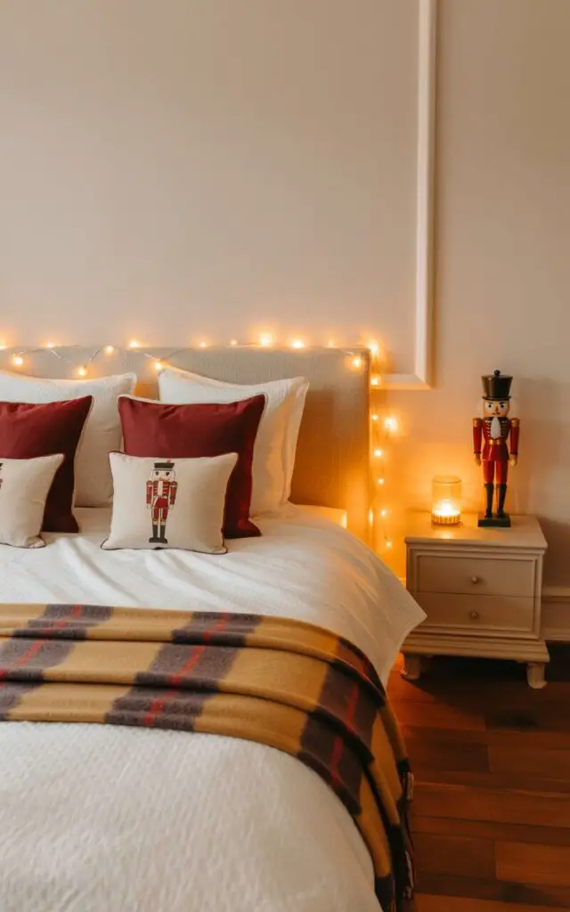 A photograph of a serene bedroom bathed in the warm amber glow of delicate string lights draped along the headboard and window frame. The crisp white duvet is adorned with burgundy and cream nutcracker-print throw pillows, while a sophisticated plaid blanket in muted gold and deep red tones is folded precisely at the foot of the bed. On the elegant white nightstand, a classic wooden nutcracker figurine stands beside a small brass candle holder, casting gentle shadows across the room. The minimalist space features soft cream walls and rich hardwood floors, with the string lights creating a cozy constellation of light that transforms the room into a peaceful Christmas sanctuary.