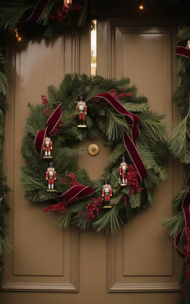 A photograph of a full, lush evergreen wreath hanging elegantly on a polished front door, adorned with delicate miniature Nutcracker ornaments nestled among deep green pine needles. Rich crimson berries and luxurious burgundy velvet ribbons are artfully woven throughout the wreath, creating perfect balance and visual harmony. The doorway is tastefully decorated with matching brass lanterns casting warm golden light and complementary pine garlands gracefully framing the entryway. The composition maintains a sophisticated minimalist aesthetic with carefully curated colors and textures, achieving an air of refined holiday elegance without overwhelming the senses.