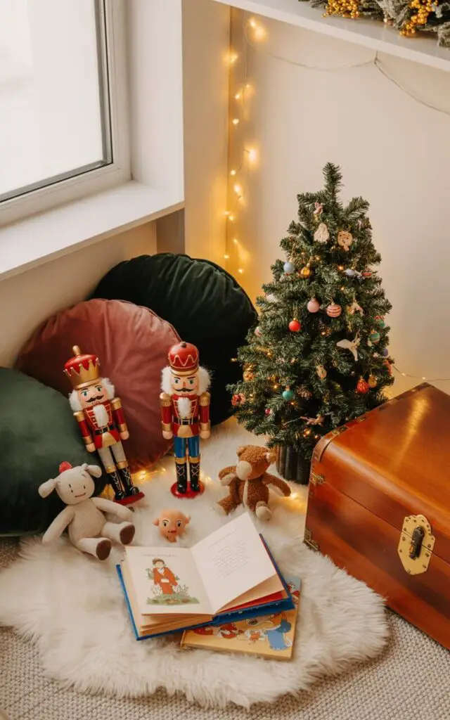 A cozy children's reading nook photographed in warm, soft lighting with festive Christmas decorations throughout. Plush Nutcracker dolls with their signature red and gold uniforms sit prominently among overstuffed velvet cushions in rich burgundy and forest green, while a small, perfectly shaped Christmas tree sparkles with miniature colorful ornaments and delicate golden tinsel. Open storybooks with illustrated pages rest on a fluffy white sheepskin rug, surrounded by carefully arranged stuffed animals and a polished wooden toy chest with brass hinges. Delicate fairy lights drape along built-in shelves and window frames, casting a magical golden glow that illuminates the minimalist yet enchanting space with warmth and童話-like wonder.