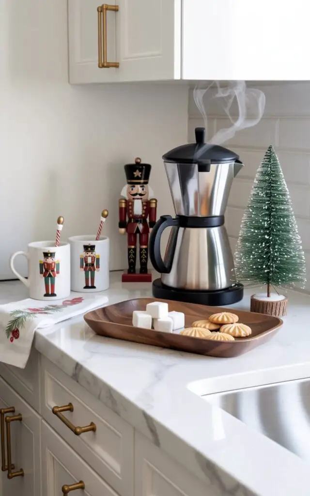 A photograph of a bright, contemporary kitchen featuring pristine white countertops and brushed gold cabinet hardware, elegantly decorated with charming Nutcracker-themed holiday accents. Ceramic mugs adorned with colorful nutcracker soldier designs sit beside festive dish towels, while a traditional wooden nutcracker figurine stands guard next to a sleek stainless steel coffee maker releasing gentle wisps of steam. A minimalist walnut wooden tray is artfully arranged with white sugar cubes, golden butter cookies, and a petite evergreen tree dusted with artificial snow, creating a perfect vignette on the marble-like countertop. Soft natural light floods through the space, highlighting the clean lines and modern fixtures while the whimsical nutcracker details add warmth and holiday cheer to this sophisticated yet inviting morning scene.