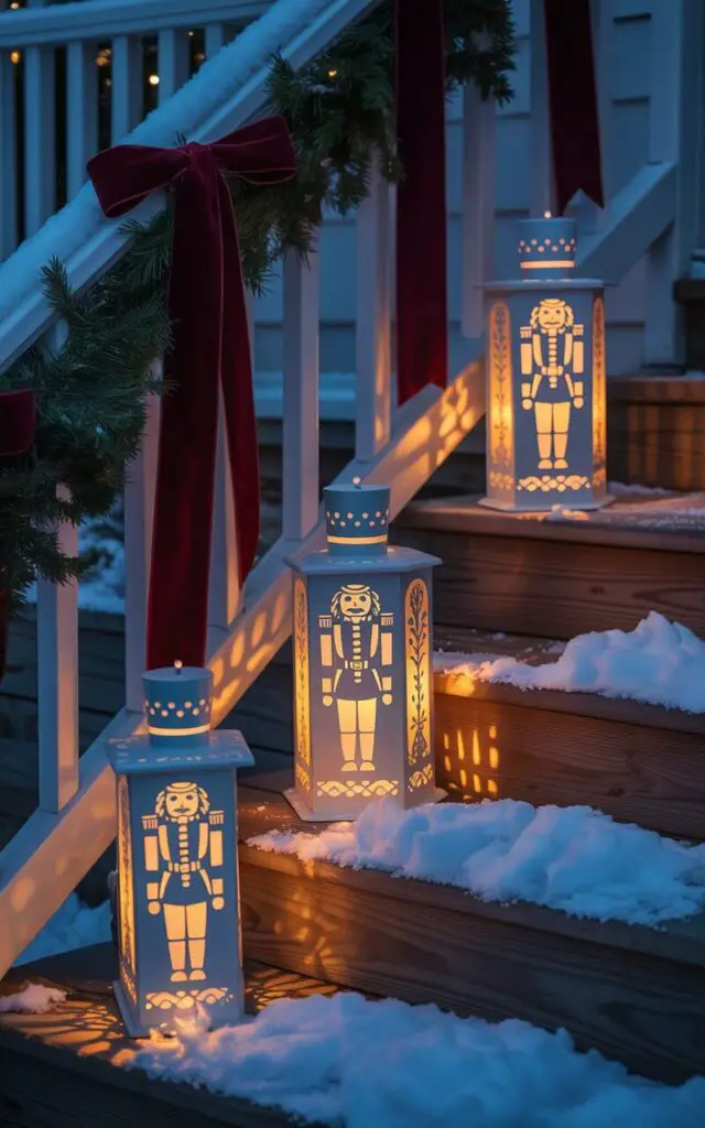 A cozy twilight photograph of a snow-dusted porch adorned with glowing Nutcracker lanterns casting enchanting soldier silhouettes onto the wooden steps. The ornate lanterns feature intricate cutout designs that allow warm candlelight to flicker through, creating dancing shadows and a golden amber glow against the cool blue evening air. Simple evergreen garland with deep red velvet ribbons frames the scene, while delicate snowflakes rest on the porch railings and steps. The minimalist holiday styling emphasizes the lanterns as the focal point, radiating nostalgic warmth and capturing the serene magic of a winter evening.
