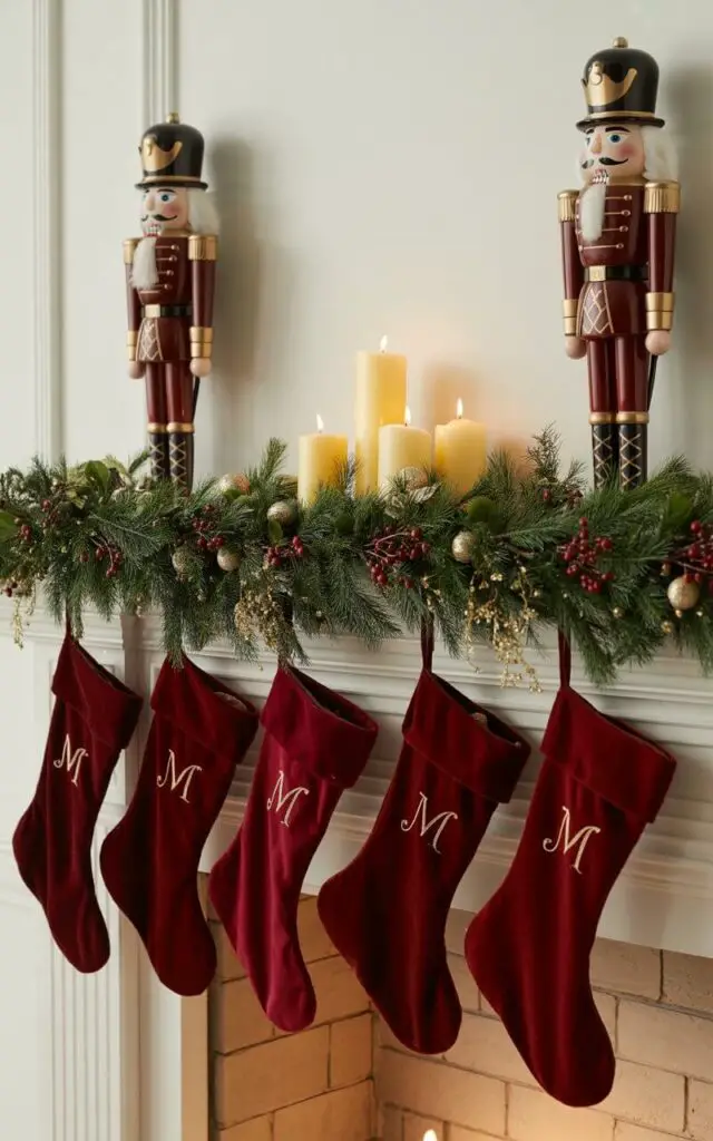 A photograph of an elegant living room mantelpiece adorned with two majestic Nutcracker figurines standing guard at each end, their deep burgundy and gold uniforms gleaming under the warm flicker of ivory pillar candles. Between the Nutcrackers, a lush evergreen garland drapes gracefully across the mantel, interwoven with clusters of deep red holly berries and delicate golden glass ornaments that catch the candlelight. Rich burgundy velvet stockings hang in perfect alignment below, each one featuring intricate gold embroidered monograms in classic serif lettering. The scene is set against soft cream-colored walls and neutral beige furnishings, creating a sophisticated holiday display that balances festive grandeur with refined minimalist elegance.