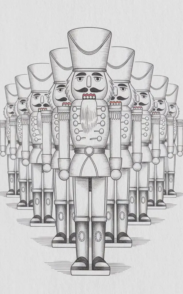 A minimalist, plain white background pencil drawing illustration of several Christmas nutcrackers standing in a proud parade formation. Each nutcracker is drawn with a straight, regal posture, featuring tall hats, square shoulders, and fine decorative lines. The faces show subtle expressions—tiny smiles and focused eyes—while details like buttons and boots are crisply outlined. Light shading gives dimension to their wooden bodies and uniforms. The arrangement feels symmetrical yet lively, drawn in a simplistic style that balances festive elegance with charming minimalism.