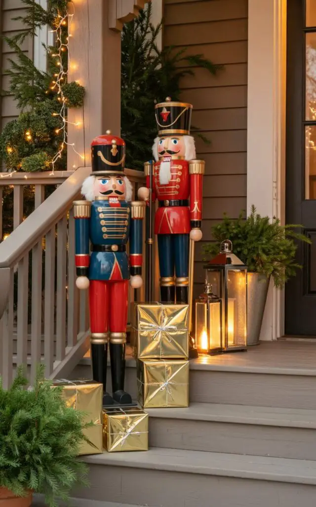A photograph of an elegant front porch decorated for the holidays, featuring towering Nutcracker soldiers in traditional red, blue, and gold uniforms standing as sentinels beside neatly wrapped faux presents in metallic paper. The wooden soldiers gleam under warm ambient lighting, their painted faces and ornate details creating vibrant focal points against the natural wood grain of the porch boards and railings. Glowing lanterns and lush potted evergreens are strategically placed throughout the space, while delicate fairy lights cascade along the railings like captured starlight. The entire arrangement exudes sophisticated holiday charm with its perfect balance of festive abundance and clean, minimalist design principles.