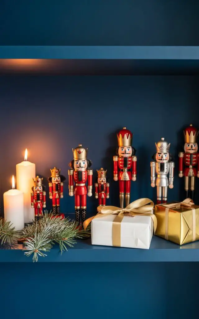 A sophisticated interior photograph showcasing an elegantly styled shelf displaying a curated collection of Nutcracker figurines in both traditional red and gold finishes and modern metallic silver and copper treatments. The figurines are artfully arranged alongside flickering white pillar candles, fresh pine sprigs with silver-dusted needles, and precisely wrapped gift boxes in cream and gold paper with silk ribbons. The shelf is set against a rich navy blue backdrop that creates striking contrast with the warm metallic tones and jewel-bright colors of the collection. Soft, warm lighting illuminates the display from above, creating gentle shadows that enhance the textures and emphasize the minimalist yet festive arrangement's perfect symmetry.