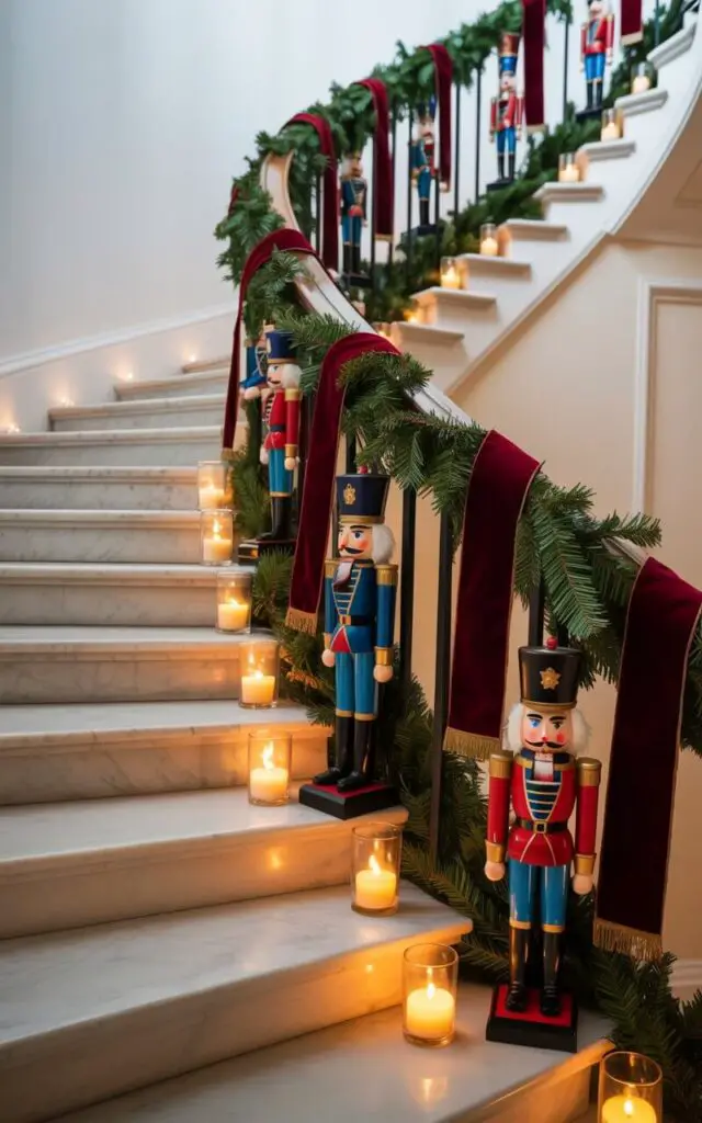 A photograph of an elegant curved staircase ascending gracefully, adorned with rich emerald green garlands intertwined with deep crimson velvet ribbons and miniature Nutcracker figurines in royal blue, gold, and cherry red uniforms. Each marble step is meticulously decorated with small pillar candles in glass holders, their warm amber flames creating dancing shadows that flicker across the pristine white walls. The Nutcracker soldiers stand at attention along the garland, their painted faces and ornate details vivid against the lush greenery. Soft natural light filters down from above, illuminating this magical holiday transformation and creating an inviting pathway that draws the eye upward through layers of festive splendor.