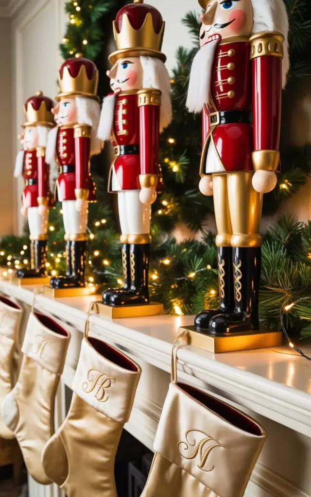 A photograph of an elegant fireplace mantel adorned with ornate Nutcracker stocking holders, each meticulously hand-painted in rich crimson red, warm gold accents, and creamy ivory details. The nutcracker figures stand at attention along the mantel's edge, their polished black boots gleaming under the soft glow of twinkling fairy lights woven through lush evergreen garlands. Beneath each nutcracker, luxurious stockings hang gracefully, featuring delicate gold thread embroidery of individual initials that catch the warm light. The scene maintains a refined minimalist aesthetic with carefully balanced spacing, allowing the warm amber glow from the fireplace and string lights to create gentle reflections across the nutcrackers' painted surfaces and create an atmosphere of timeless holiday elegance.