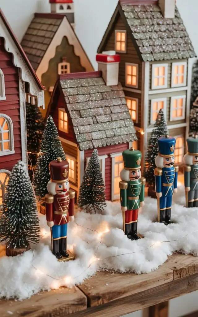 A photograph of an enchanting miniature Christmas village displayed on a rustic wooden tabletop, featuring ornate Nutcracker soldiers in rich burgundy, emerald green, and royal blue uniforms standing guard among delicate snow-dusted cottages. The tiny buildings showcase intricate architectural details with frosted windowpanes, cedar shingle rooftops sparkling with fine silver glitter, and warm amber light glowing from within. Miniature evergreen trees dusted with artificial snow create depth throughout the scene, while delicate strands of fairy lights cast a soft, magical glow across the pristine white faux snow base. The composition balances warm wooden textures with cool winter tones, creating a dreamy holiday vignette that captures the whimsical charm of a perfect Christmas morning.
