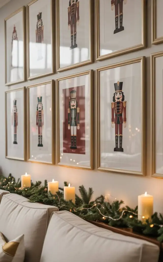 A photograph of an elegantly curated gallery wall featuring framed Nutcracker art prints in a cozy modern living room. The collection showcases diverse interpretations from traditional toy soldier illustrations in rich burgundy and gold to sleek abstract geometric designs, all displayed in carefully balanced gold and matte black frames with precise spacing. Below the gallery wall, a plush cream-colored sofa provides a warm foundation, while delicate holiday accents including evergreen garlands, ivory pillar candles, and subtle string lights with warm white bulbs create a cohesive festive atmosphere. Soft natural light filters through the space, casting gentle shadows that emphasize the refined minimalist styling and highlight the intricate details of each unique Nutcracker artwork.
