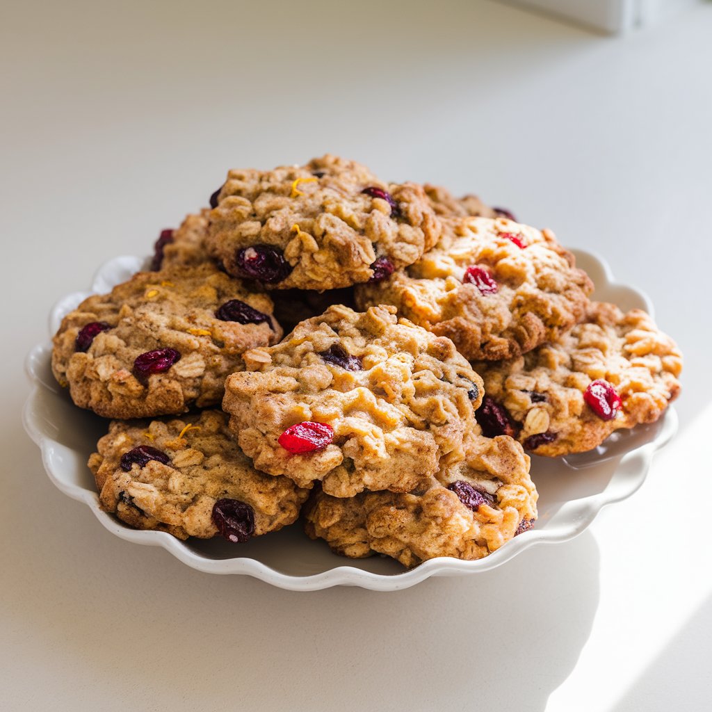 A photo of a white ceramic plate filled with oatmeal cranberry spice cookies on a bright plain white kitchen countertop. Each cookie is golden brown with visible oats, bright red cranberries, and hints of orange zest. The natural light softly illuminates their textured surfaces, highlighting their hearty, rustic appearance. The cookies appear thick and chewy, their edges glistening slightly under the sunlight.