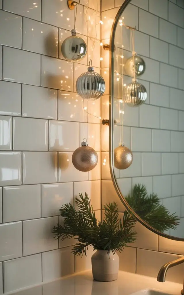 A minimalist Christmas bathroom featuring delicate silver and champagne ornaments hanging from brushed brass hooks and the polished edge of a large mirror. The glass baubles catch and reflect warm, diffused light across pristine white subway tiles, creating gentle sparkles and soft shadows on the clean surfaces. A small arrangement of fresh fir branches sits elegantly in a simple ceramic vase on the vanity, adding a natural green accent to the restrained holiday decor. The overall atmosphere is serene and sophisticated, with warm ambient lighting that enhances the metallic accents while maintaining the space's calm, uncluttered aesthetic.