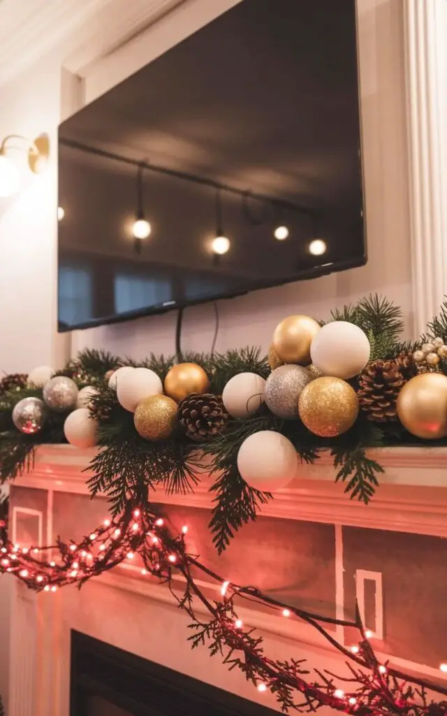 A black, oversized television is mounted directly above a fireplace mantel decorated with various Christmas ornaments. Gold and white shimmering baubles in matte, glossy, and glitter finishes are artfully arranged among fresh evergreen branches and pinecones. The mantel extends across the width of the fireplace, supported by decorative corbels and a raised hearth. A pure white wall serves as a backdrop, with recessed lighting fixtures positioned above the mantel to illuminate the ornaments and television.