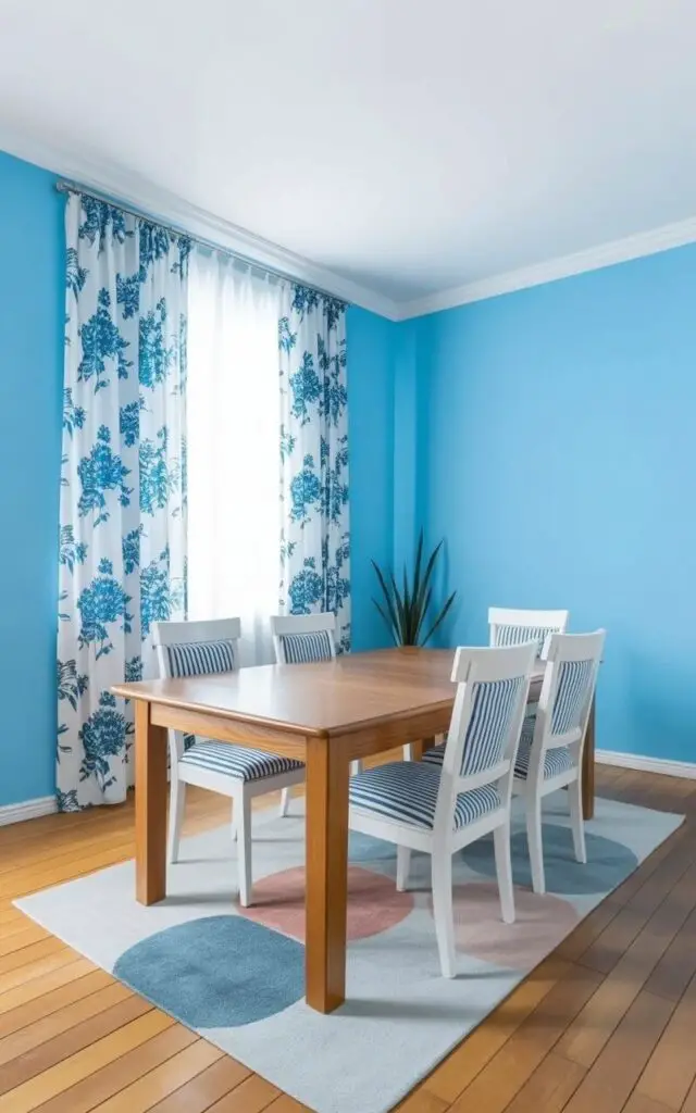 A warm oak dining table sits at the center of the room, displaying a simple rectangular shape with four visible legs. Six white dining chairs surround the table, each featuring a cushioned seat upholstered in a blue and white striped fabric with neatly pressed pleats. Blue floral curtains hang along the windows, showcasing a repeating pattern of stylized blue blossoms against a white background, while a rug with soft geometric shapes in shades of blue, gray, and white lies beneath the table. White walls frame the dining space, with a subtle crown molding running along the ceiling line, and a single, tall potted plant sits in the corner of the room.