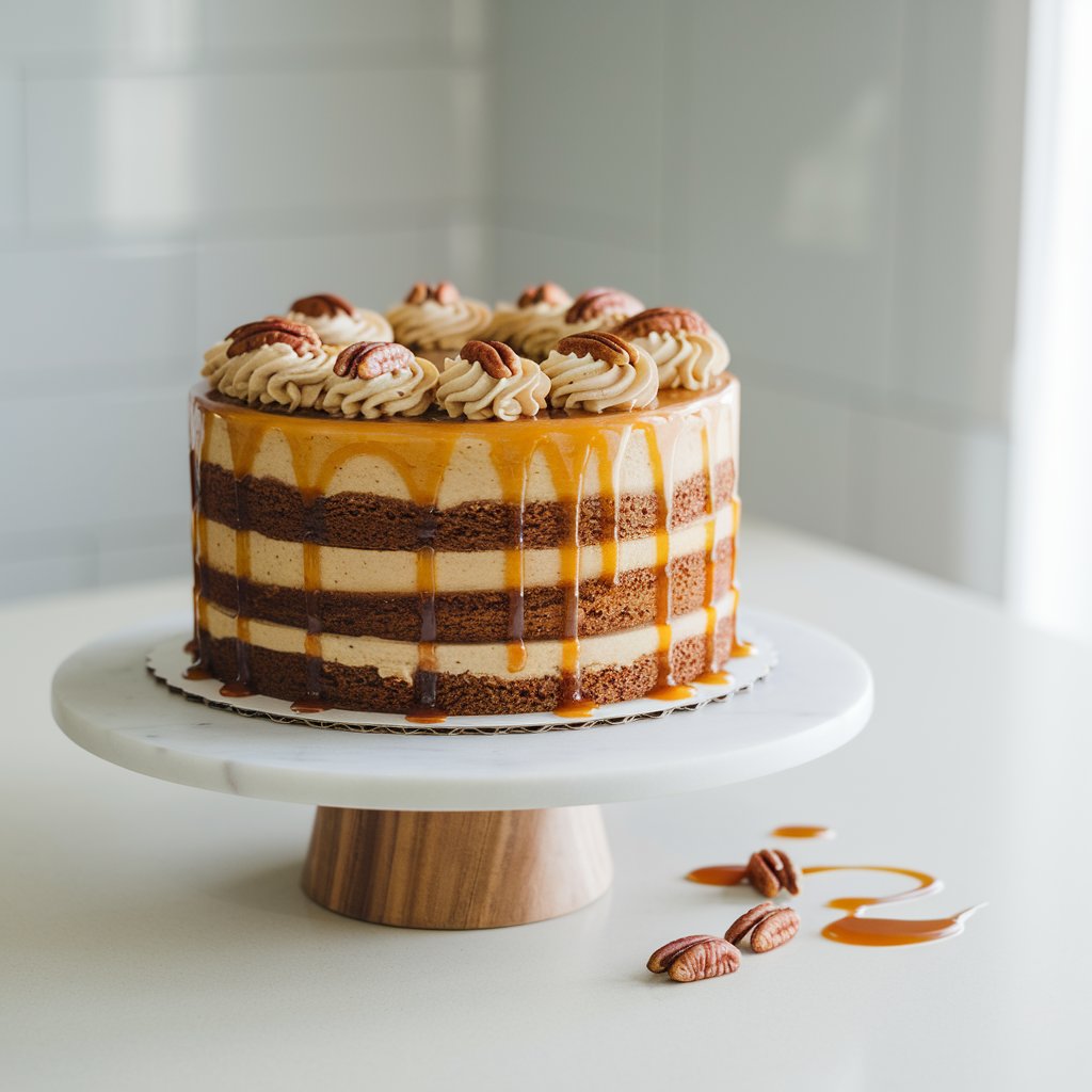 A photo of a pecan praline cake on a white marble cake stand on a bright plain white kitchen countertop. The cake has thick layers of moist brown sugar sponge and praline frosting. There is a glossy caramel sauce dripping slowly down the sides of the cake. The cake's deep amber tones stand out beautifully against the bright countertop. A few pecans and a caramel drizzle are artfully scattered nearby. The overall image is under natural light.