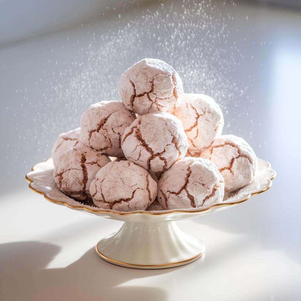A delicate porcelain plate holds a pyramid of pecan snowball cookies, their powdered sugar coating glowing softly in the natural light. The cookies look like tiny snowballs, with subtle cracks revealing the nutty centers beneath. The plate rests gracefully on a bright plain white kitchen countertop. The sunlight filters through gently, creating faint shadows and making the sugar sparkle as if it were fresh snow.