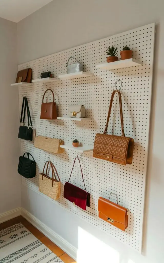 A matte white pegboard spans a section of a wall, its grid of square openings filled with a diverse collection of handbags. The handbags vary in size and material, including quilted leather totes, woven straw crossbody bags, and velvet clutch purses, all displayed on a combination of metal hooks and small, floating shelves. Several small, potted succulents in terracotta pots sit amongst the handbags, adding a touch of greenery to the display. The wall behind the pegboard is a smooth, light gray, and a patterned area rug with a geometric design lies on the floor below, creating a visually cohesive and organized storage solution.