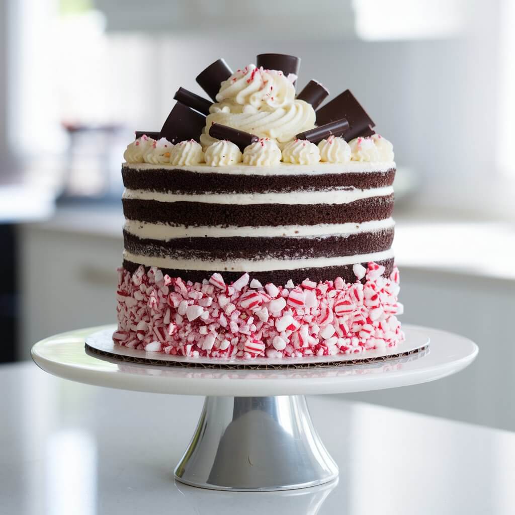 A high-quality photo of a decadent peppermint chocolate layer cake on a gleaming white cake stand placed on a bright plain white kitchen countertop. The cake has tall, alternating layers of dark chocolate sponge and pale peppermint frosting. The exterior is coated in smooth buttercream, rimmed with crushed candy canes that glisten under natural light. A swirl of peppermint frosting crowns the top, with chocolate shavings scattered artfully. The daylight highlights the contrast between deep chocolate tones and cool peppermint whites. The cake is very smooth and professionally designed.
