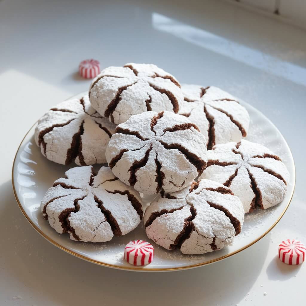 A photo of a round white plate with several peppermint crinkle cookies. The cookies have deep chocolate cracks and are dusted in powdered sugar, giving them a snow-dusted appearance. The plate is placed on a bright white kitchen countertop. There are a few peppermint candies scattered nearby. The sunlight creates a subtle sparkle on the powdered sugar and highlights the dark centers of the cookies against the white background.