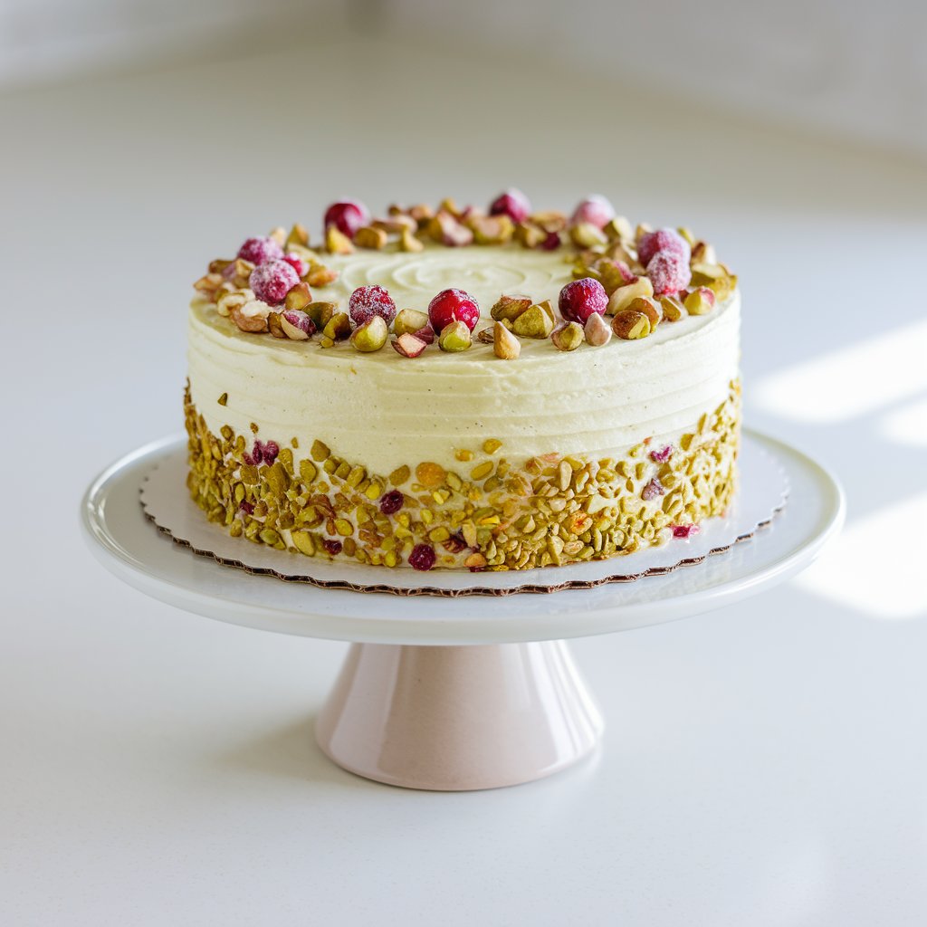 A beautifully frosted pistachio cranberry cake stands elegantly on a matte white cake stand placed on a bright plain white kitchen countertop. The cake's pale green crumb and red cranberry bits peek through the creamy white frosting. Natural light enhances the contrasting holiday colors, making the pistachios sparkle slightly. The top is garnished with chopped nuts, sugared cranberries, and a light drizzle of glaze. The brightness of the countertop and the soft daylight create a crisp, fresh, and festive presentation.