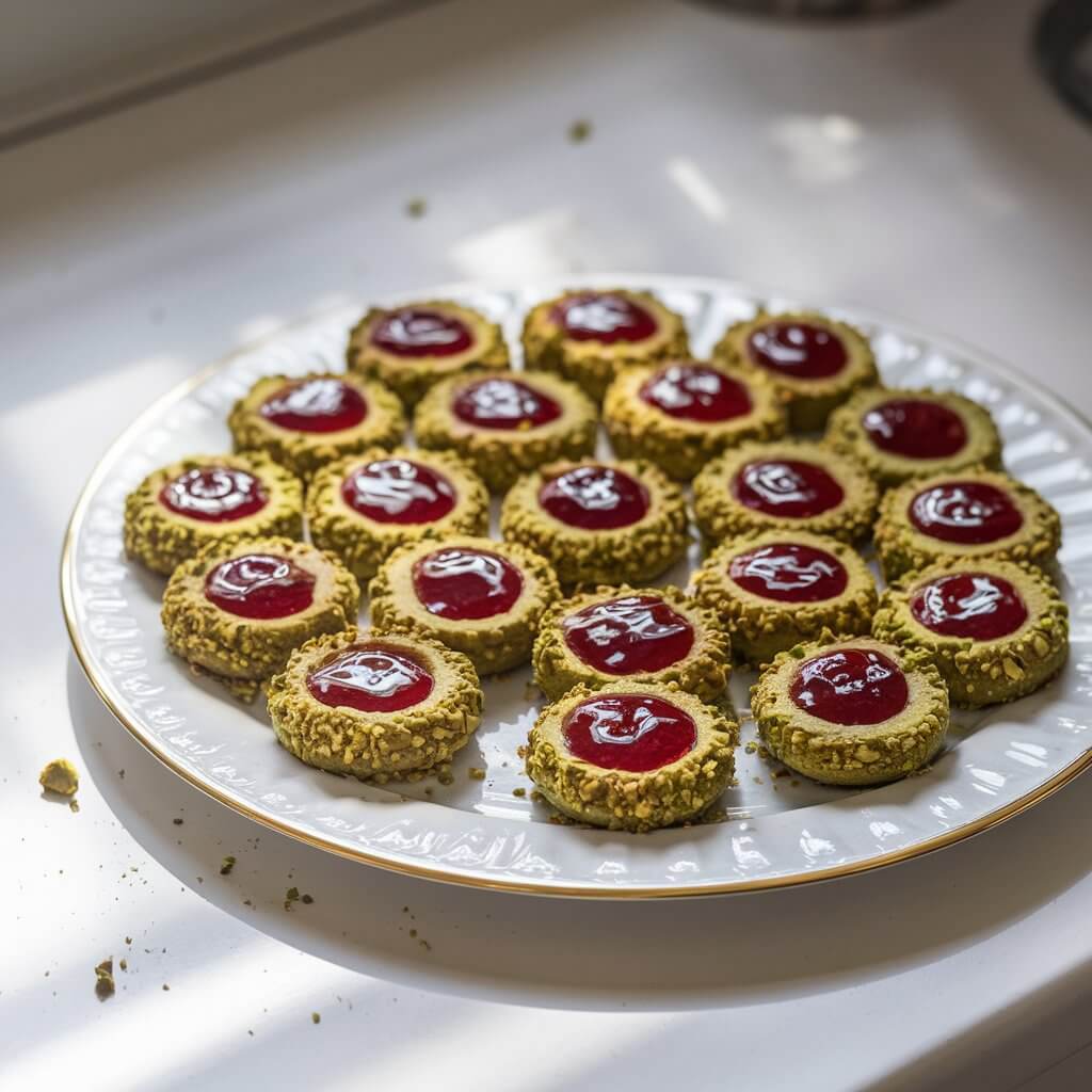 A photo of a glossy white plate placed on a white kitchen countertop. The plate contains rows of pistachio thumbprint cookies. Each cookie has a greenish hue and a ruby-red jam center. The crushed pistachios along the edges are clearly visible. A few crumbs are scattered nearby, suggesting the cookies were freshly baked. The natural light illuminates the scene, catching the glossy jam and creating tiny reflections that make each cookie sparkle.