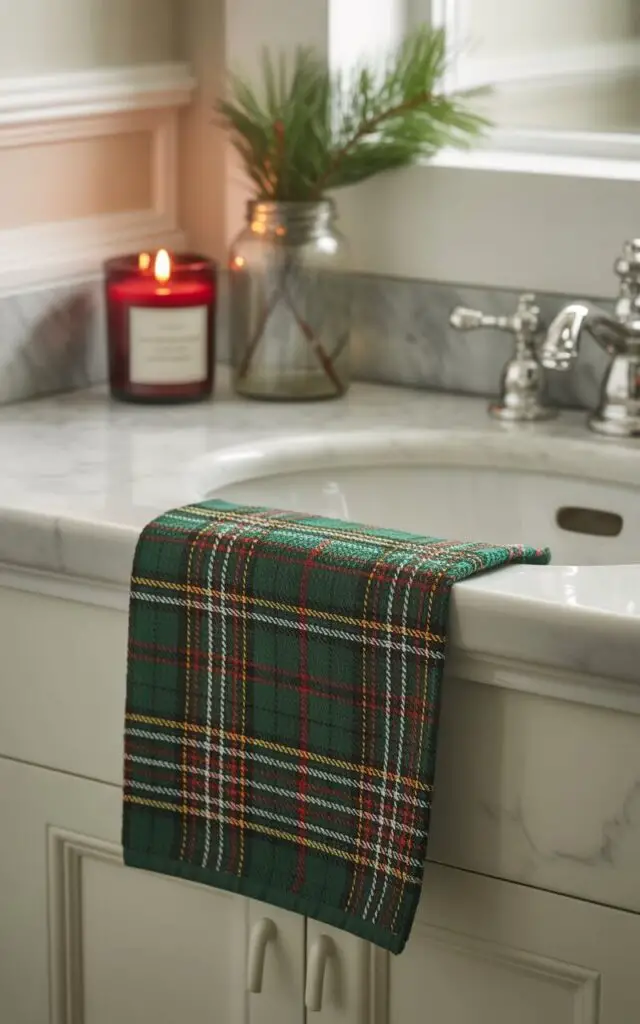 A photograph of an elegantly decorated Christmas bathroom featuring a serene, minimalist aesthetic with thoughtful plaid accents. A deep forest green plaid hand towel hangs perfectly folded beside a pristine white porcelain sink, its subtle tartan pattern adding warmth while maintaining the space's clean simplicity. On the marble countertop, a crimson red candle glows softly next to a clear glass jar containing a fresh sprig of pine, their rich colors creating a gentle contrast against the neutral palette. Soft natural light filters through the space, highlighting the understated Christmas details and creating a timeless, cozy atmosphere that celebrates the holiday without overwhelming the bathroom's tranquil design.