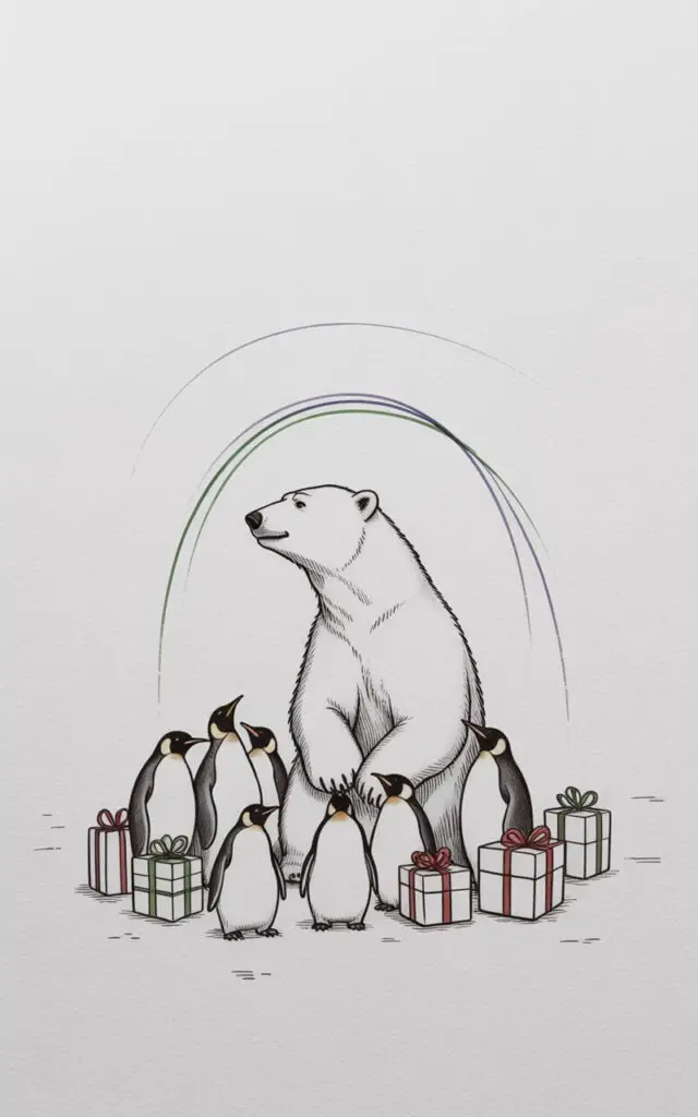 A large polar bear stands on a snowy surface with thick, white fur covering its body and dark, rounded paws. Several emperor penguins with black and white plumage huddle closely around the bear, some looking up at it with curious expressions while others waddle near its legs. Several wrapped gift boxes tied with red and green ribbon are arranged around the base of the bear and amongst the penguins. A faint, curving band of green and purple light arcs across the upper portion of the scene, suggesting the aurora borealis above a vast, snow-covered landscape.
