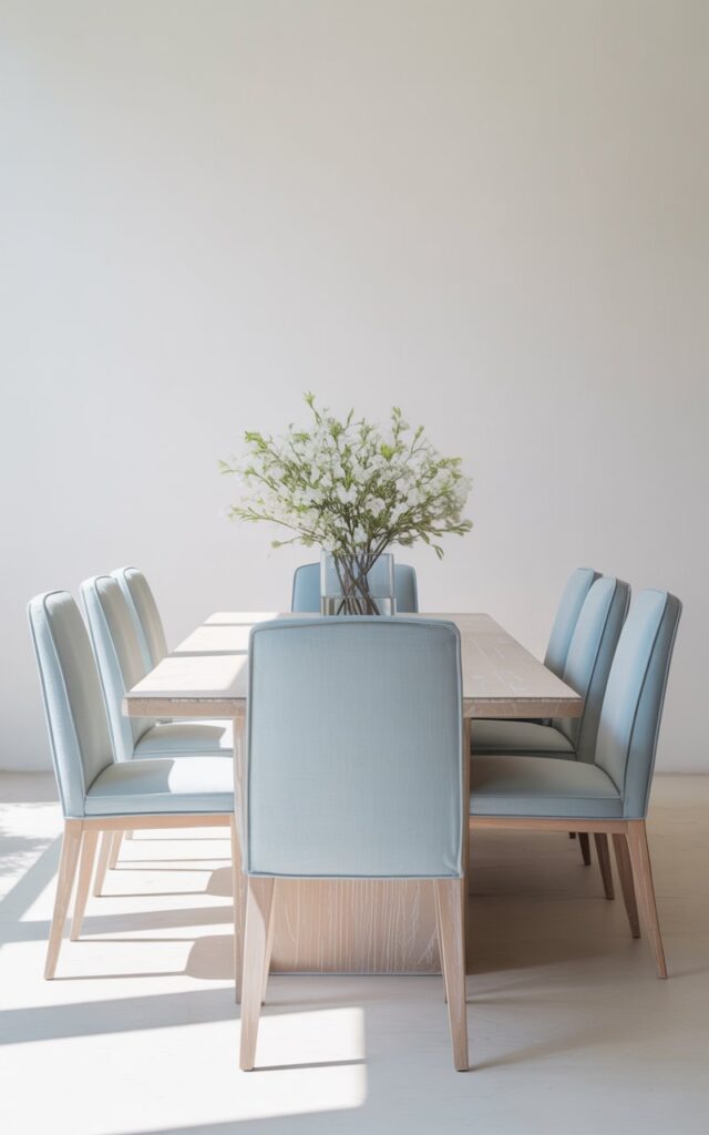 A bright, airy dining room photograph showcasing a harmonious powder-blue and white color palette with minimalist charm. Six soft pastel dining chairs upholstered in powder-blue fabric are arranged around a light-stained wooden table, creating an inviting gathering space with clean, uncluttered lines. The crisp white walls provide a perfect backdrop that makes the blue tones vibrant and cheerful, while a simple glass vase filled with white blossoms sits as the table's elegant centerpiece. Natural sunlight streams through unseen windows, casting gentle shadows and enhancing the room's uplifting, serene atmosphere with its soft textures and refreshing visual harmony.