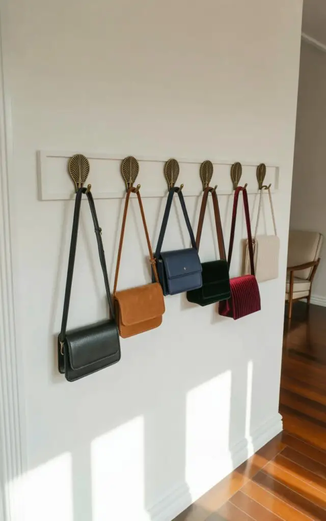 A series of six decorative brass hooks are mounted horizontally on a fresh white wall, each hook shaped like a stylized leaf. Hanging from the hooks are six handbags made of different materials including black leather, tan suede, navy blue canvas, dark green velvet, burgundy silk, and cream-colored linen. The handbags are arranged in a visually pleasing lineup, with the straps gently draped and the handles facing forward. The wall is part of a minimalist room with soft shadows cast from a nearby window, revealing a polished hardwood floor and a glimpse of a simple, modern armchair in the background.