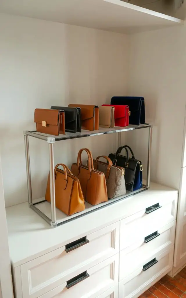 A pair of sleek risers, constructed from brushed metal and clear acrylic, create a two-tiered display on a pristine white closet shelf. On the top tier, six small handbags and clutches, varying in color from tan leather to navy blue velvet, are arranged in a neat row. Below, five medium-sized bags, including a structured tote and a crossbody bag, rest on the lower level, spaced evenly for visual balance. The shelf is illuminated by soft, diffused light filtering in from an unseen window, casting gentle shadows across the bags and highlighting the clean lines of the risers.