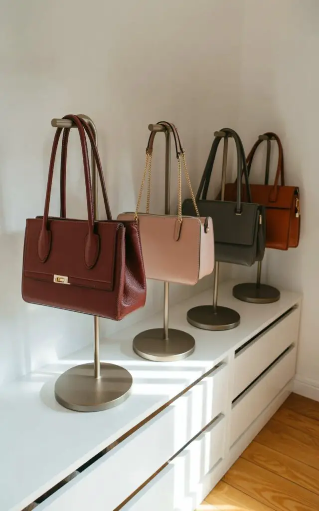Several structured handbags, varying in color from deep burgundy to pale blush pink and charcoal gray, rest on matte metal purse stands with rounded bases. The stands elevate each bag to eye level, showcasing their distinct shapes—a structured tote, a chain-strap crossbody, and a top-handle satchel—while preventing strap distortion. The handbags are crafted from smooth leather and feature visible stitching and metallic hardware, neatly organized on neutral-toned shelves with integrated LED strip lighting. The surrounding closet space features light wood flooring and a plain white wall, creating a clean and organized environment with subtle shadows cast from a nearby window.