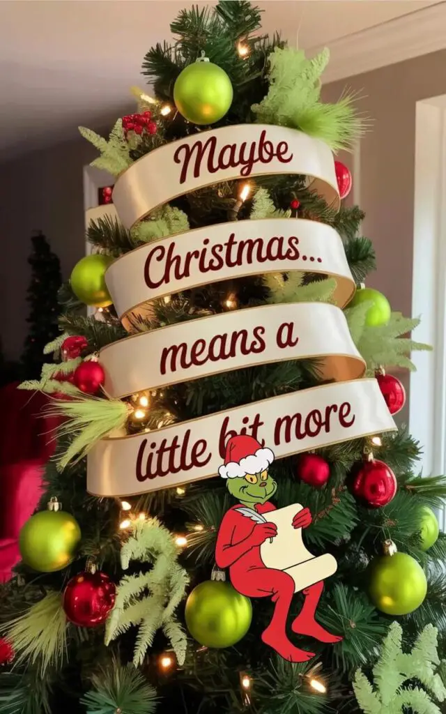 A fully decorated Christmas tree stands against a dark background, showcasing a delicate, cream-colored ribbon woven amongst its branches. The ribbon displays the quote "Maybe Christmas… means a little bit more" in a flowing, serif font. Lime-green baubles, classic red ornaments, and soft, curled sprays of artificial foliage adorn the tree, with warm white LED lights twinkling throughout. A small, illustrated Grinch character sits perched on a lower branch, holding a quill and writing on a scroll.