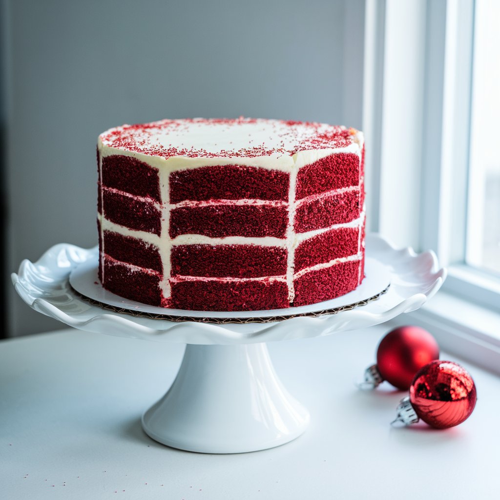 A photo of a stunning red velvet cake on a white porcelain cake stand. The cake is tall, perfectly frosted with smooth cream cheese icing, and has deep red sponge layers visible between the layers. The cake stand is placed on a bright plain white kitchen countertop. Natural light from a nearby window highlights the vibrant red color and the velvety texture of the cake. Edible glitter is sprinkled across the top, shimmering softly in the daylight. A few red ornaments sit nearby, adding to the Christmas mood.