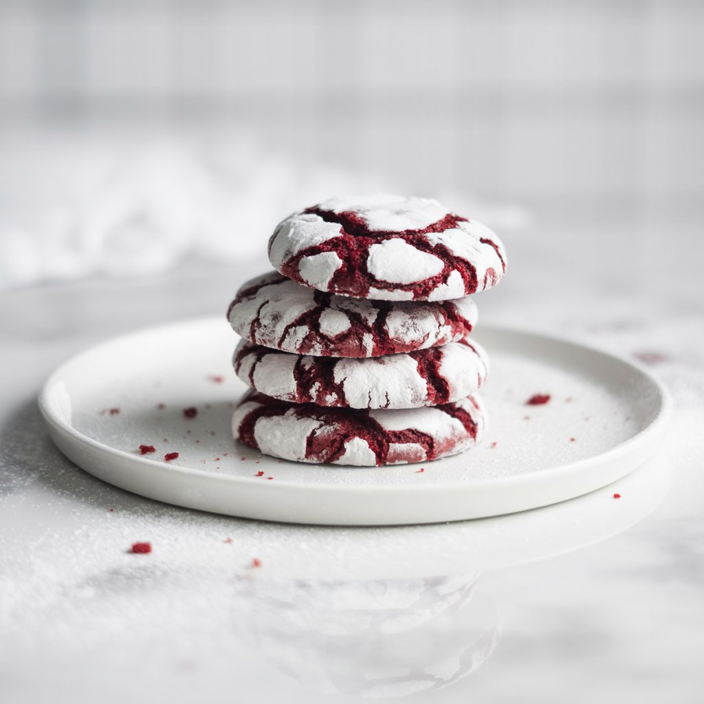 A stack of red velvet crinkle cookies rests on a clean white ceramic plate. Each cookie has a deep red color and a surface covered in a thick layer of powdered sugar, with slight cracks revealing a soft interior. The plate sits on a bright white kitchen countertop, and a faint reflection of the plate is visible on the countertop’s surface. A few stray cookie crumbs are scattered around the plate, and the scene is illuminated by soft natural light that highlights the red tones and the luminescent appearance of the powdered sugar.