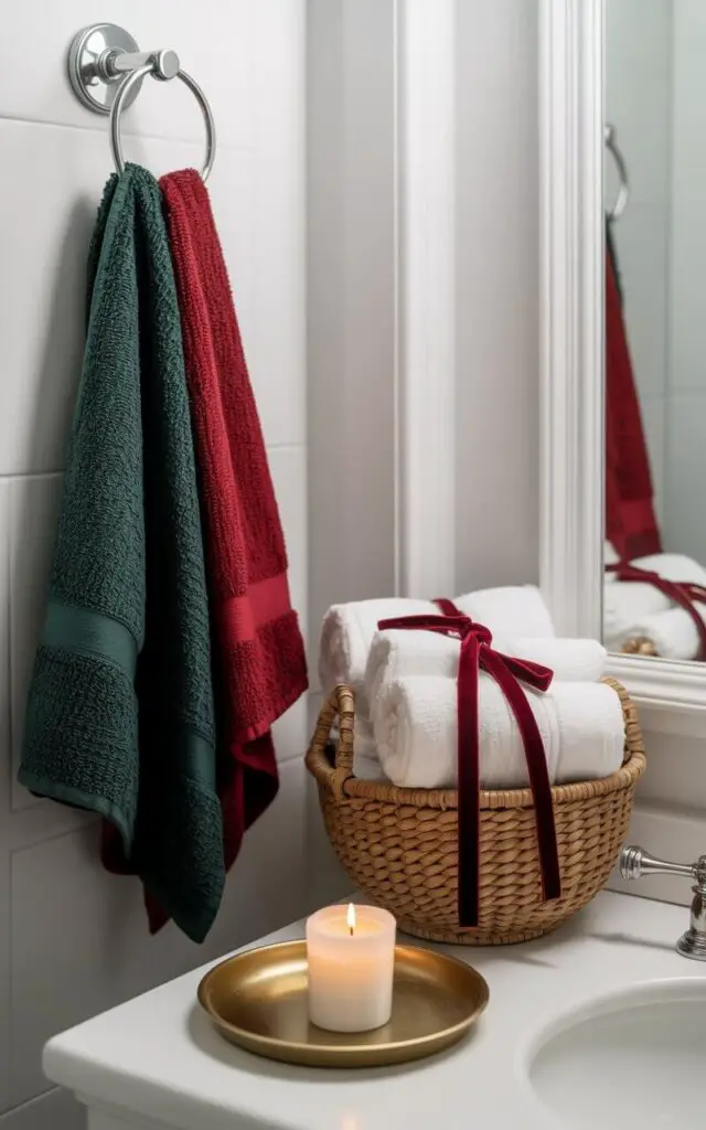 A photograph of a serene, minimalist Christmas bathroom featuring crisp white walls and fixtures with carefully curated holiday accents. A deep forest green towel hangs from a polished chrome hook beside a luxurious ruby-red bath mat, while a natural woven basket holds neatly folded white towels adorned with rich red velvet ribbon ties. The pristine white countertop showcases an elegant gold tray holding a single pine-scented candle with a subtle glow, creating a focal point of warmth. Soft natural light filters through the space, highlighting the sophisticated balance of seasonal colors against the clean, spa-like backdrop.