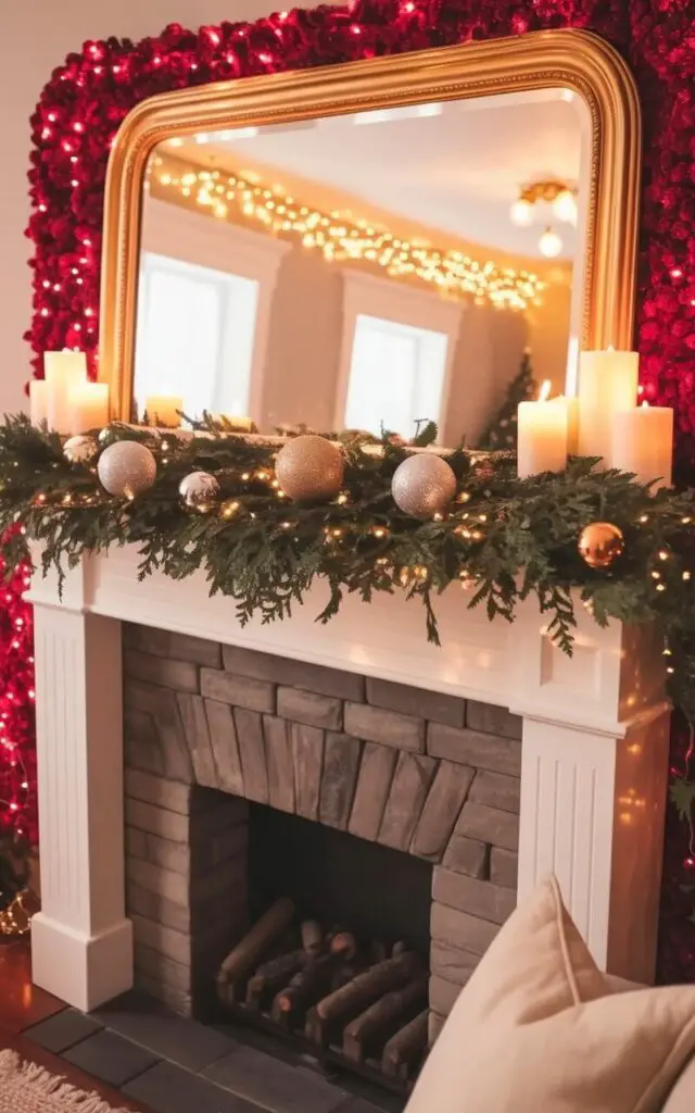 A large, gilded mirror sits above a decorated mantelpiece, reflecting the warm light of flickering candles and twinkling fairy lights. The mantel is draped with a lush evergreen garland interspersed with several shimmering silver and gold ornaments, their reflections multiplying in the mirror’s surface. Below the mantel, a stone fireplace with a dark grey hearth extends to the floor, flanked by simple white columns. The surrounding room features neutral beige walls and a polished hardwood floor, with a pair of cream-colored throw pillows resting on a nearby armchair.