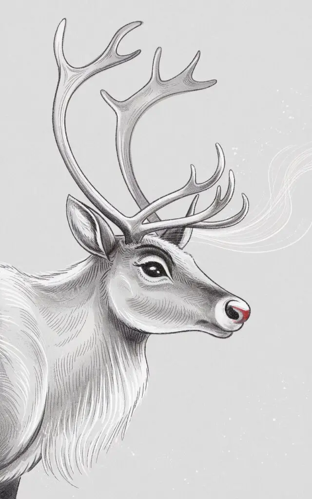 A minimalist, plain white background pencil drawing illustration of a Christmas reindeer in a close-up profile. The reindeer's fur is gently textured with fine strokes, and its large eyes are softly shaded to convey a calm expression. Antlers rise gracefully above, their structure outlined in smooth, branching curves. A shiny red nose, though colorless here, is hinted through subtle tonal contrast. Light pencil touches create the illusion of breath in cold air. Drawn in a simplistic style, the artwork feels elegant, natural, and full of quiet winter grace.