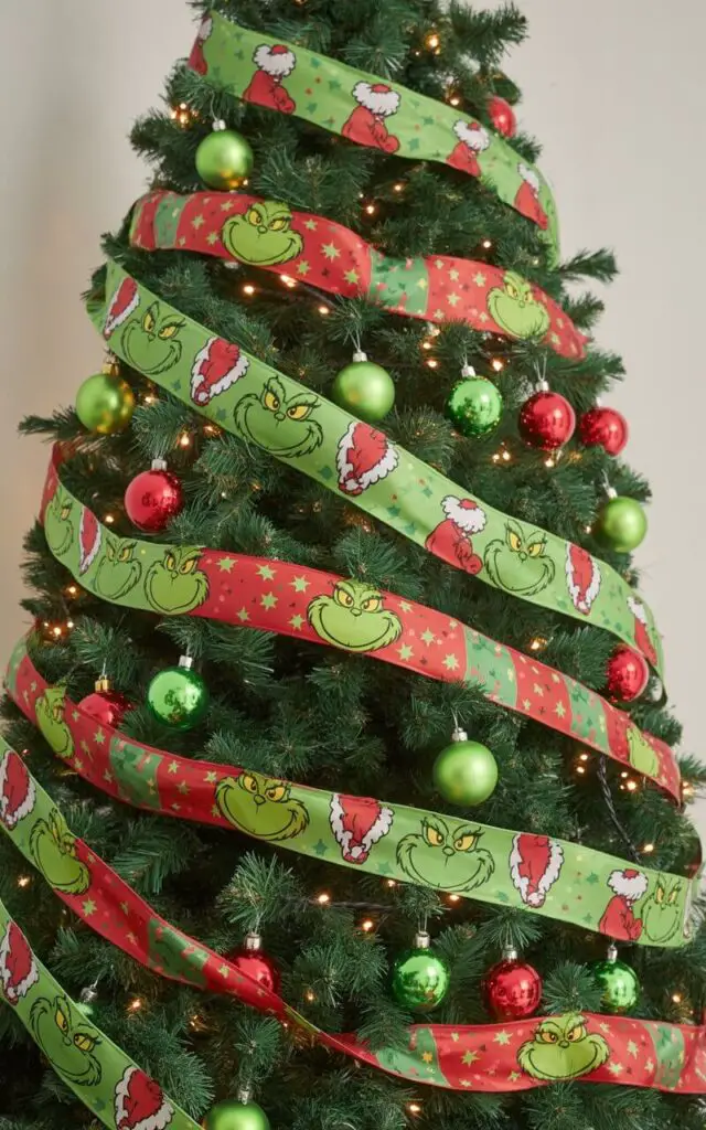 A beautifully decorated Christmas tree adorned with wide Grinch-themed ribbons that cascade gracefully through its emerald green branches in elegant, loose loops. The tree features a carefully curated selection of ornaments in lime green and cherry red, with printed ribbon strips showcasing the iconic Grinch character's face and festive patterns that add playful charm without overwhelming the design. The minimalist approach creates visual breathing room between each ornament, while the consistent color palette of vibrant greens and rich reds maintains sophisticated cohesion. Warm white lights are evenly distributed throughout the tree, casting a gentle glow that highlights the ribbon's texture and creates a cozy, inviting atmosphere perfect for modern holiday celebrations.