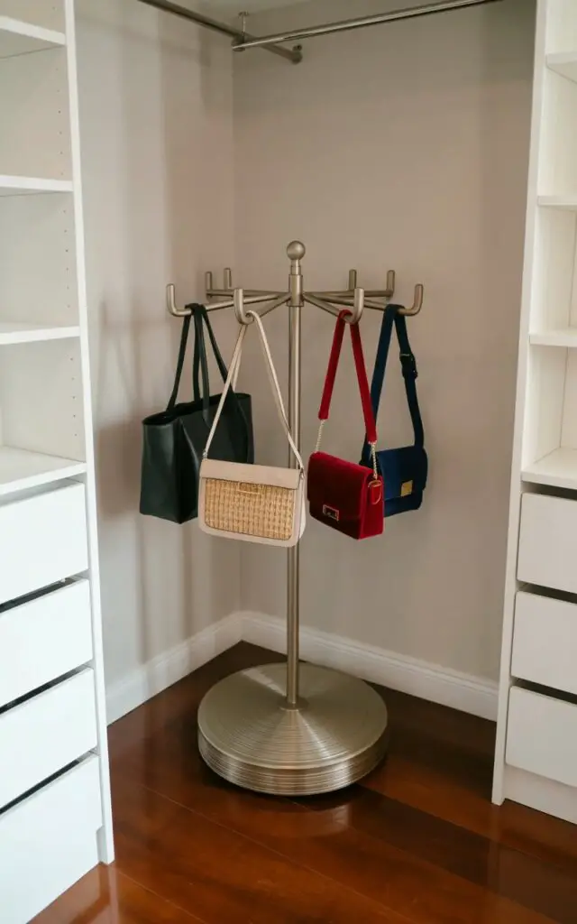 A compact carousel with a brushed metal finish rotates slowly in the corner of a walk-in closet, displaying a collection of handbags suspended on evenly spaced, padded hooks. Each handbag is a distinct style: a black leather tote, a beige straw clutch, a red velvet evening bag, and a navy blue crossbody bag. Soft, diffused light illuminates the carousel and the surrounding closet, highlighting the clean lines of the built-in shelving and the polished wooden floor. The closet walls are a neutral gray, creating a minimalist backdrop that emphasizes the carousel's design and the handbags it holds.