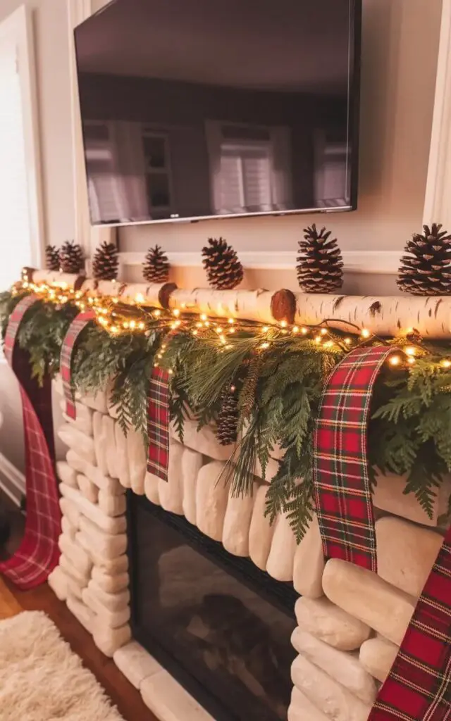 A black, oversized television is mounted directly above a stone fireplace mantel. The mantel is decorated with a variety of natural elements including pinecones, smooth birch logs arranged horizontally, and sprigs of evergreen foliage accented with plaid ribbons in a traditional tartan pattern. Soft, warm fairy lights are interwoven throughout the greenery, creating a subtle, diffused glow across the arrangement. The surrounding wall is painted a soft gray, and a plush, cream-colored rug lies on the hardwood floor in front of the fireplace.