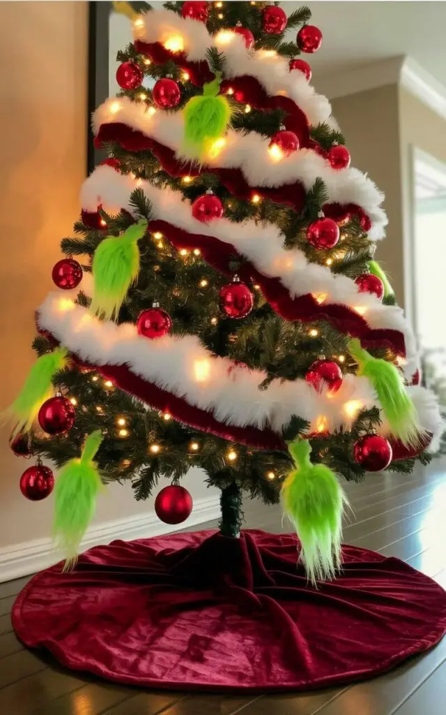 Centered on a plush, deep red velvet tree skirt, a Christmas tree displays layered garlands of fluffy white material intertwined with its branches. Glossy, reflective red baubles of varying sizes are interspersed amongst soft, dark green ribbons that cascade down the tree's sides, while small, green footprints shaped like the Grinch are scattered around the base. Warm, amber-colored lights are strung throughout the tree's branches, illuminating the decorations and casting a soft glow. The tree stands in the corner of a room with a dark hardwood floor and a partially visible beige wall behind it.