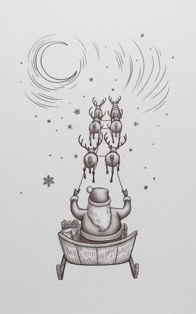 Santa Claus, with a long white beard and a red suit trimmed with white fur, steers a sleigh across the night sky while holding the reins of eight reindeer. The reindeer’s legs are extended mid-gallop, and their antlers curve upwards, with snowflakes visible around them. The sleigh’s wooden frame shows the grain of the wood, and a large sack filled with wrapped presents sits behind Santa. A faintly glowing crescent moon hangs in the upper left corner, surrounded by numerous tiny stars and swirling wind lines suggesting rapid movement.