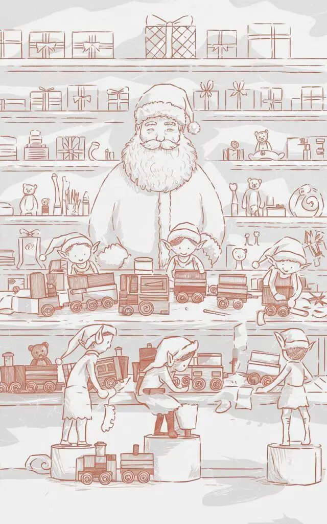 A minimalist, plain white background pencil drawing illustration of Santa's Christmas workshop filled with elves at work. The scene shows small elves sketchily bent over wooden toys, with Santa standing proudly in the background, his beard lightly shaded for texture. Toy trains, teddy bears, and wrapped boxes are arranged neatly on the workbench, defined with simple outlines. Soft pencil strokes hint at shelves behind them, dotted with ribbons and tools. Drawn in a simplistic style, each figure carries joyful energy, and the absence of color highlights the cheerful order of this magical workshop.