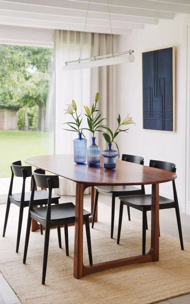 A rectangular dining table made of rich walnut wood sits centered in the room with four matching black dining chairs arranged around it. Three sapphire-blue glass vases, each containing a single white lily, are placed symmetrically along the table's surface, reflecting the overhead lighting. A large rectangular artwork with a gradient of deep blue hues hangs on the wall behind the table, its surface displaying geometric patterns. The room features pale blue walls and a polished hardwood floor, while soft shadows fall across the furniture and highlight the jewel-toned accents.