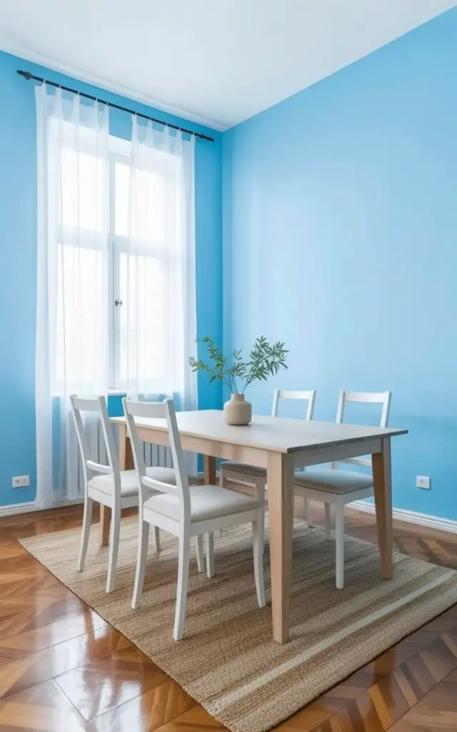 A plain, light-colored wooden dining table sits centered within the room with four white dining chairs positioned around it. Each chair has a slender, straight-backed frame and a gently curved seat upholstered in a light beige fabric. Sunlight filters through sheer white curtains hung on a large window, casting a soft glow across a subtly patterned rug made of natural fibers. The walls are painted a pale sky-blue and a low, cylindrical ceramic vase holding several sprigs of greenery sits on a nearby side table.