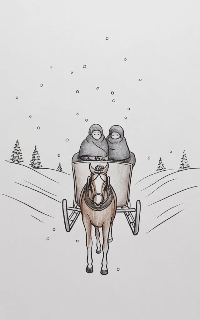 A classic Christmas sleigh pulled by a single brown horse glides across gently sloping snow-covered hills. The horse’s head is lowered, its mane and tail flowing in the wind, while its front legs are extended in mid-stride. Inside the sleigh, two figures wrapped in thick woolen blankets sit closely together, their faces partially obscured by a dark gray scarf. Fine, white snowflakes drift down around the sleigh, catching the soft glow of the late afternoon sun, and distant evergreen trees line the horizon.