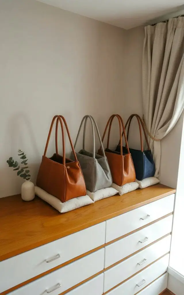 Several slouchy handbags of varying sizes and materials – including tan leather, soft gray suede, and navy blue canvas – stand upright on a wooden shelf. Each bag is carefully supported by a plush, ivory-colored purse pillow and additional fabric stuffing ensuring their shape is maintained. The shelf itself is made of light-colored oak with a smooth, matte finish and sits within a walk-in closet with pale gray walls and a natural linen curtain partially drawn. A single, small ceramic vase containing a sprig of eucalyptus rests on the shelf's far left corner, adding a subtle touch of greenery to the organized display.