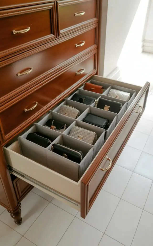 A deep dresser drawer is open, revealing a collection of small handbags, wallets, and mini crossbodies arranged within soft, gray fabric dividers. The handbags are made of varying materials including smooth black leather, textured saffiano leather, and quilted velvet, each with silver or gold hardware details such as clasps and zippers. The drawer's interior is lined with pale gray felt, gently cushioning the items and preventing them from shifting. The surrounding dresser is constructed from dark brown wood with a sleek, lacquered finish, featuring polished brass handles and standing on four tapered legs.