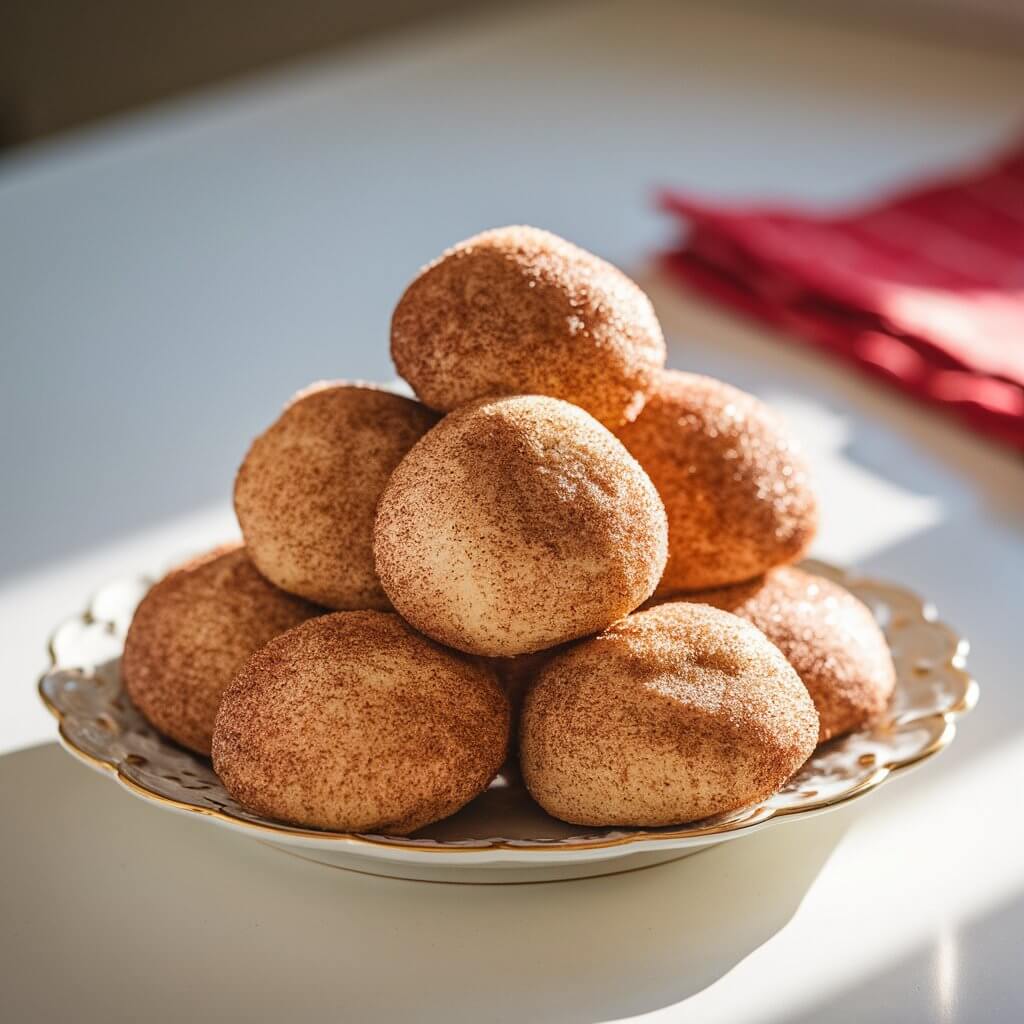 A photo of a small porcelain plate on a bright plain white kitchen countertop. The plate is piled high with round snickerdoodle snowball cookies coated in cinnamon-sugar. Each cookie has a soft matte finish with visible sugar crystals catching the natural light. The cookies are slightly uneven, giving them a charming homemade appearance. The sunlight casts delicate shadows around the plate. In the background, a faint blur of a red holiday napkin adds warmth without distracting from the cookies’ golden-brown tones.